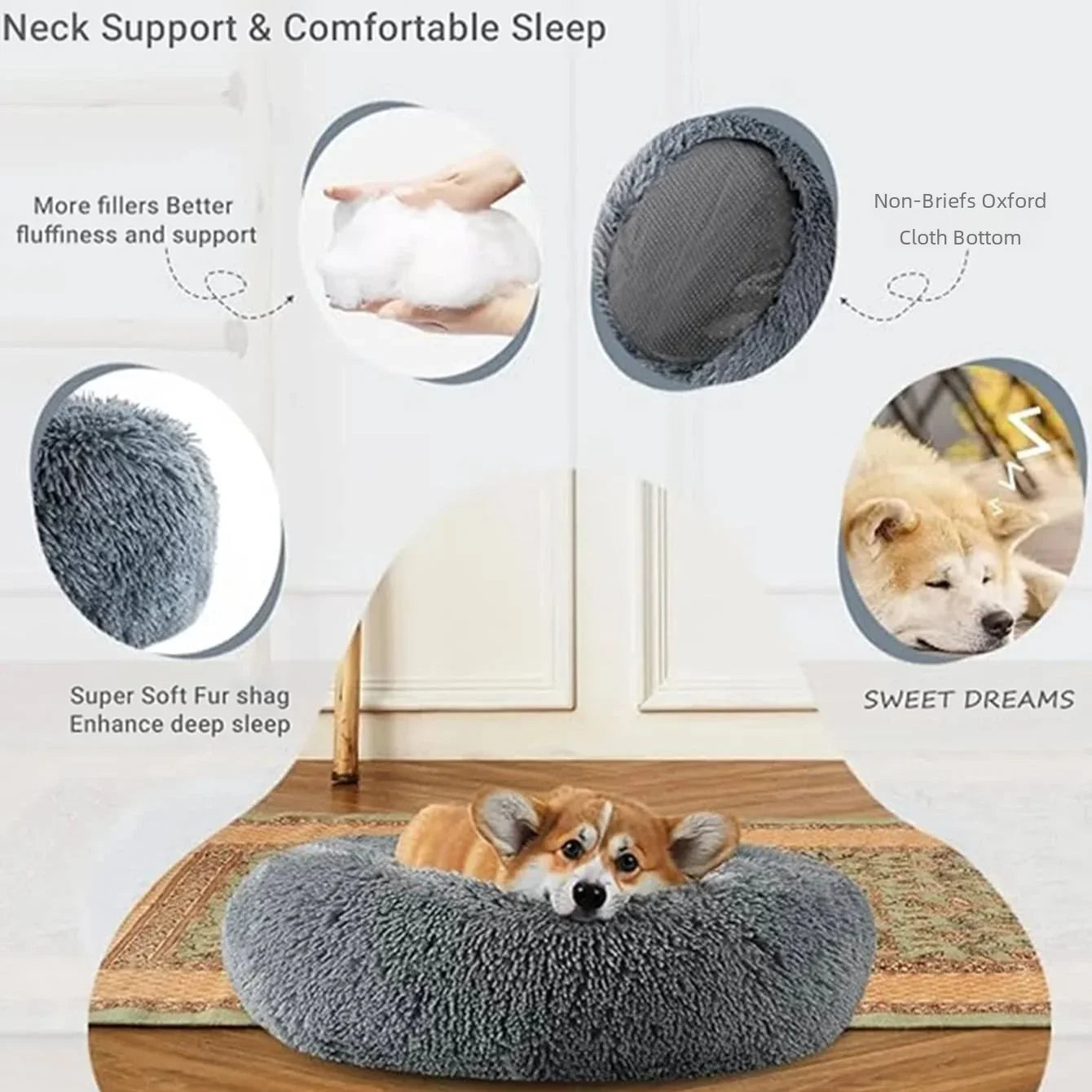 Lit rond ultra-doux grand chien chat – Lavable, antidérapant