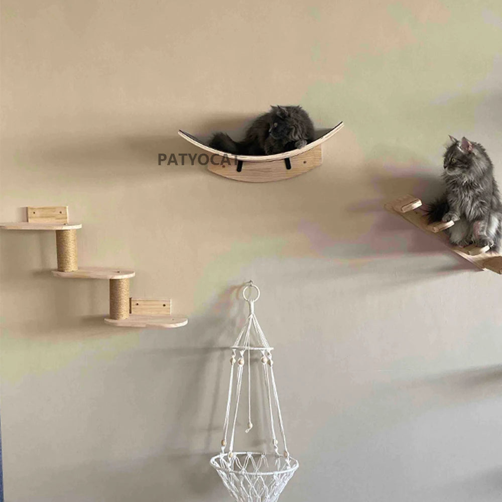 Étagères murales chat avec hamac et griffoir – Design bois