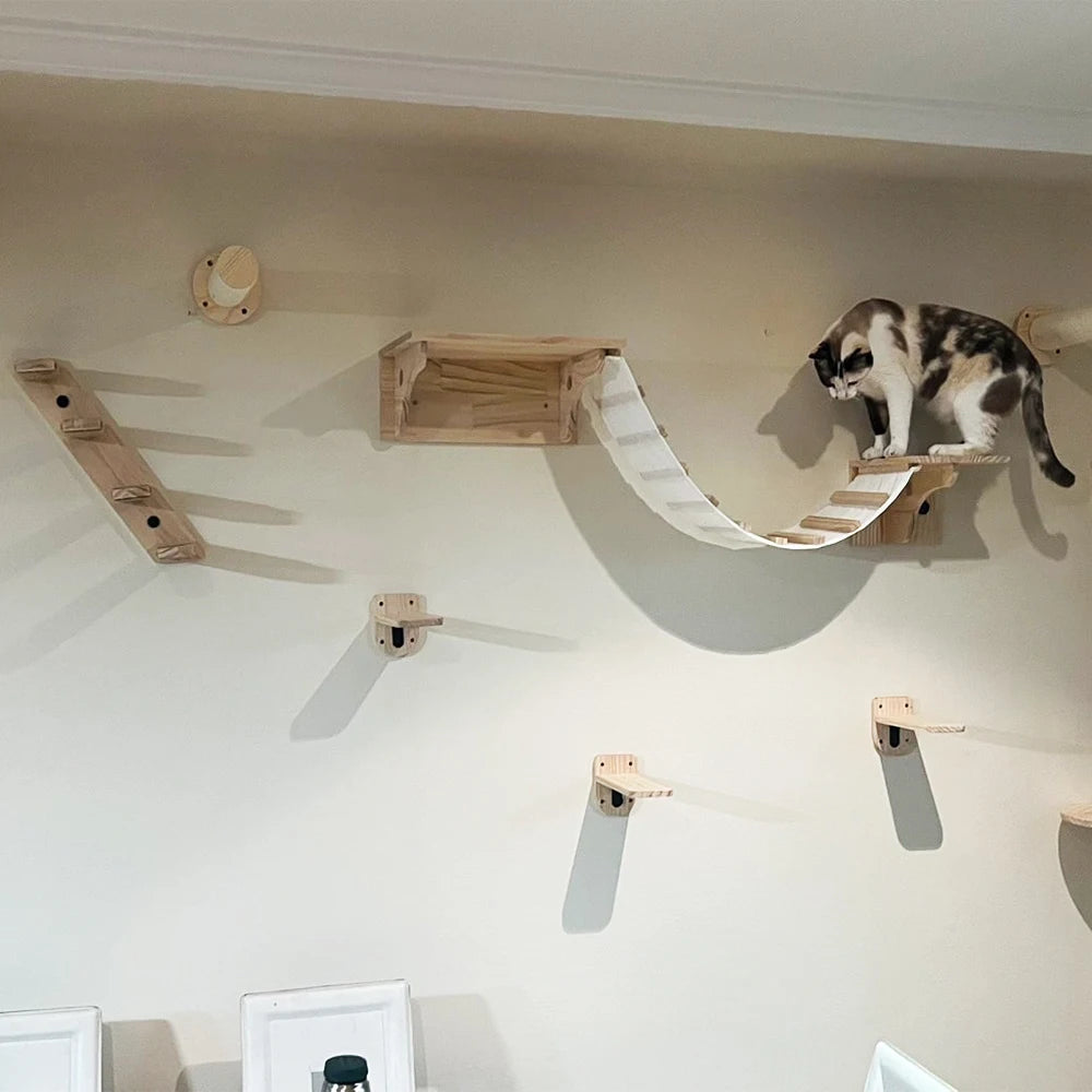 Étagères murales chat avec hamac et griffoir – Design bois
