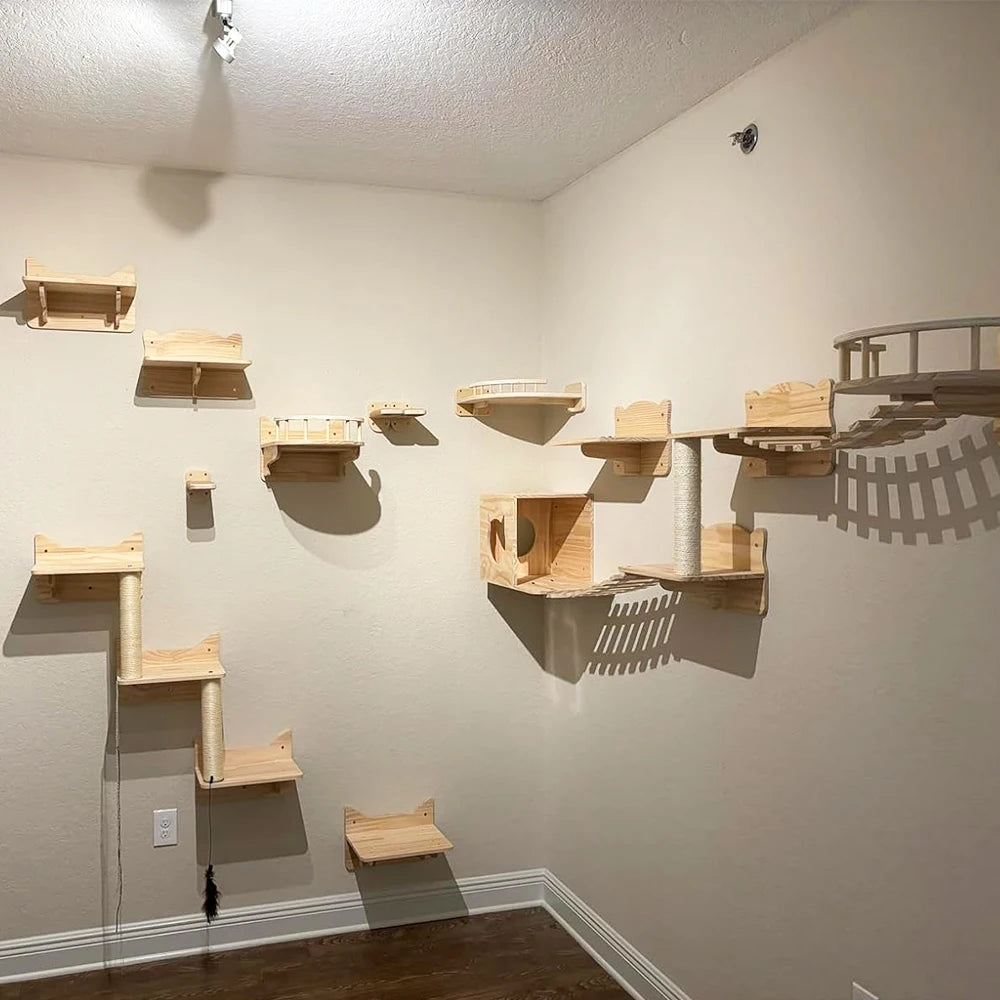 Étagères murales chat avec hamac et griffoir – Design bois