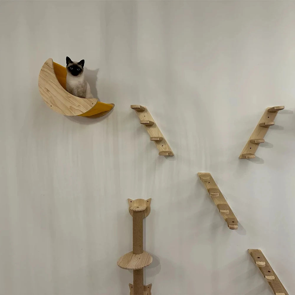 Étagères murales chat avec hamac et griffoir – Design bois