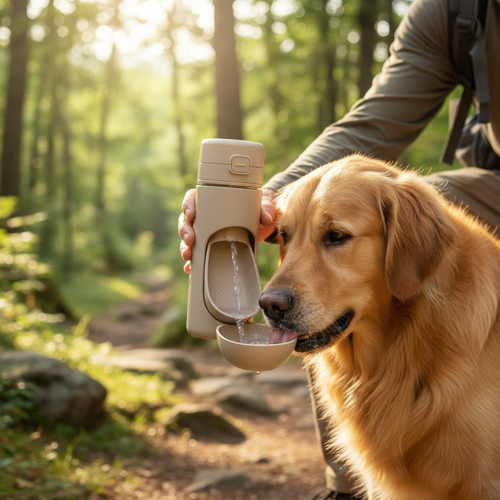 Bouteille d'eau portable pour chien avec golden retriever en randonnée